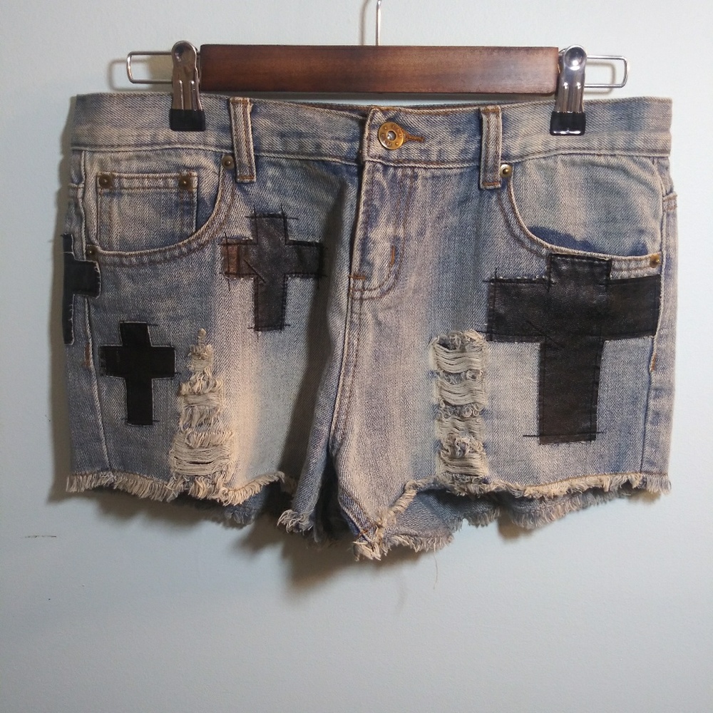 Faux Leather Black Cross Denim Shorts